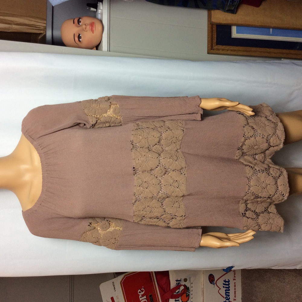 Umgee Mocha Lace Trim Long‎ Sleeve Mini Dress Boho Romantic